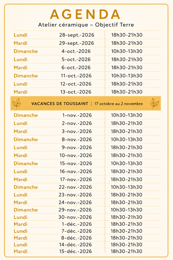 agenda des ateliers de céramique de septembre à décembre
